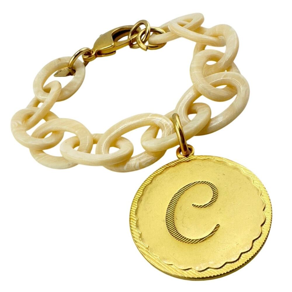 Wimberly Charm C Initial Gold Tone Faux Shell Links Chunky 7.25"-7.75" Bracelet
